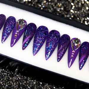 Purple Ombre Ocean Nails – 3D Starfish Press On, Mermaidcore Stiletto V78
