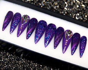 Purple Ombre Ocean Nails – 3D Starfish Press On, Mermaidcore Stiletto V78