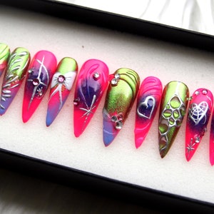 Hot Pink and Green Metallic Press On Nails | 3D gel Goth Nails | Gothic Stiletto Y2K Nail Set | Elegant Long Nails V172