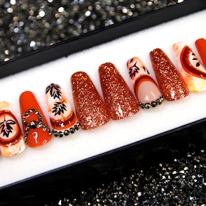 Orange Brown Hand-Painted Press On Nails: Long Coffin Crystal 3D