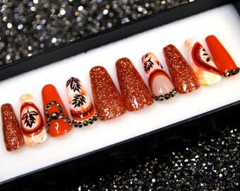 Orange Brown Hand-Painted Press On Nails: Long Coffin Crystal 3D