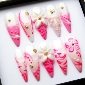 Summer Scent Press On Nails | 3D Pastel Flower Hot Pink Fake Nails | Stiletto Y2K Nails Set | Reusable White Nails V245