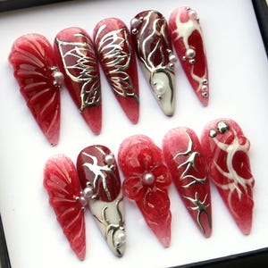 Rote Pressennägel: 3D Glitter Silber Chrom, Schmetterling Aurora Style