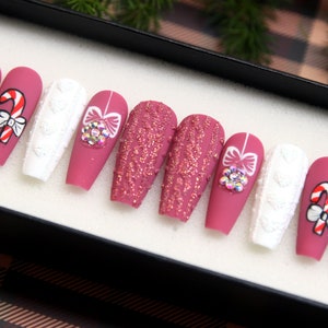 Lovely Christmas Press On Nails | Pink and White Coffin Nails Luxury for Xmas Festival | Gel X Fake Nails | Abstract False Nails V105