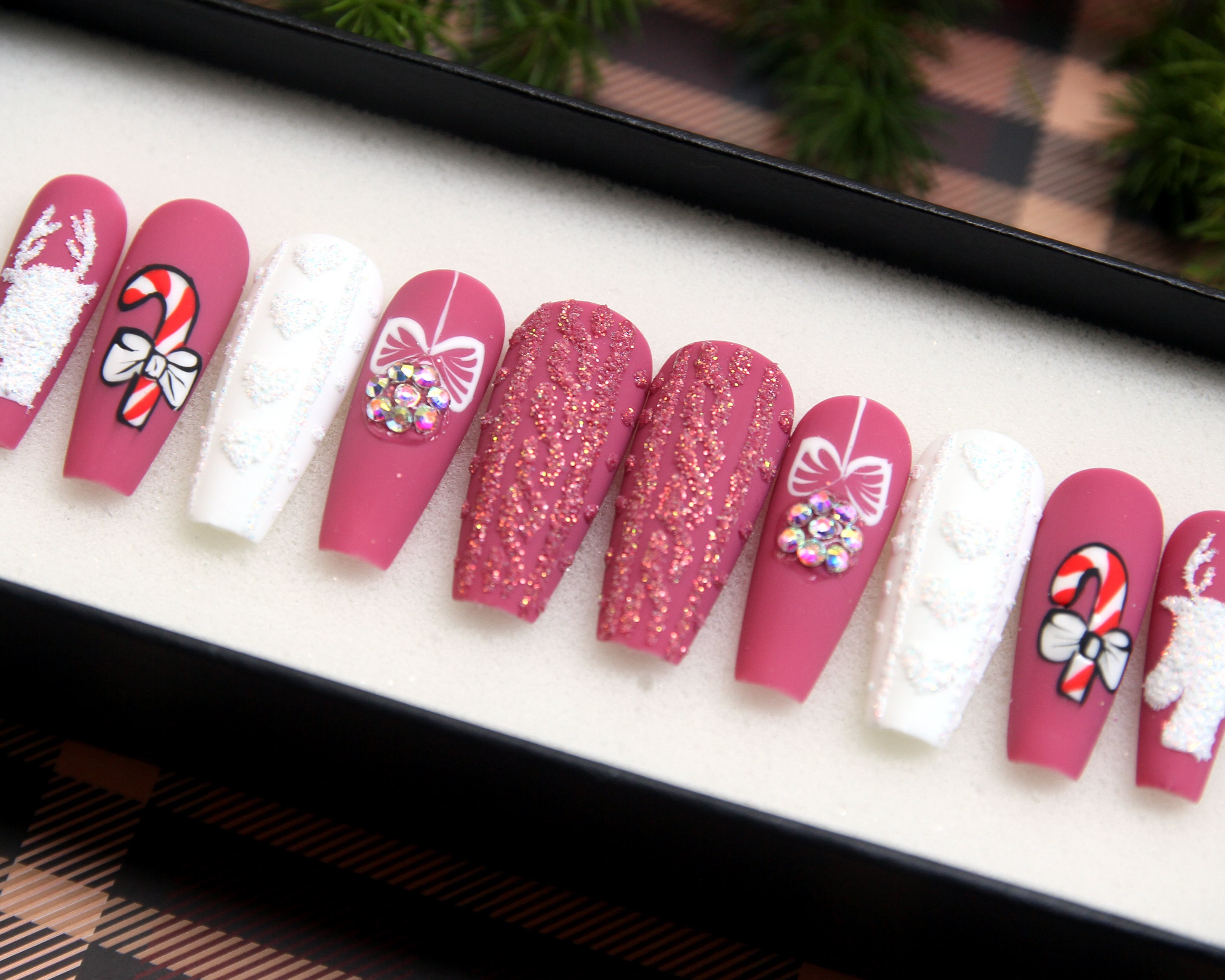 Christmas Press On Nails: Pink White Coffin Gel X Fake Nails