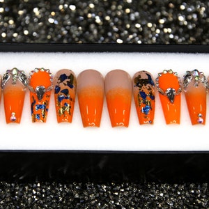 Hot Orange 3D Diamond Press On Nails | Glue On Nails | Crystal Long Coffin Nails | Festive Nails | Fun Y2K Ombre Nails V76