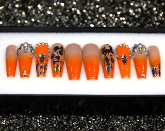 Hot Orange Press On Nails: 3D Diamond Long Coffin Crystal Nails V76