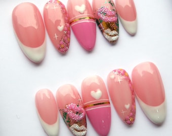 Handgjorda rosa pressnaglar: Glitter French Tips, Alla hjärtans dag återanvändbara lösnaglar V233
