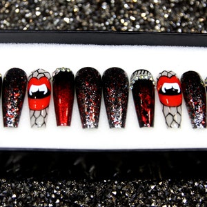 Hungry Lips Press On Nails | Hand Painted Black Glue On Nails | Coffin Nails Luxury | Gel X Fake Nails | Glitter Long Fake Nails V68