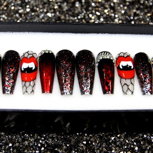 Hungry Lips Press On Nails: Hand-Painted Glitter Coffin Nails
