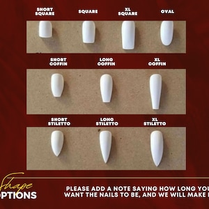 May include: A chart showing different nail shapes and sizes. The shapes include short square, square, XL square, oval, short coffin, long coffin, XL coffin, short stiletto, long stiletto, and XL stiletto.
