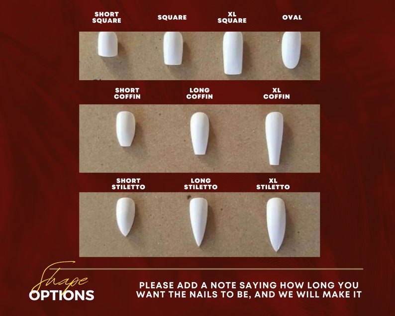 May include: A chart showing different nail shapes and sizes. The shapes include short square, square, XL square, oval, short coffin, long coffin, XL coffin, short stiletto, long stiletto, and XL stiletto.