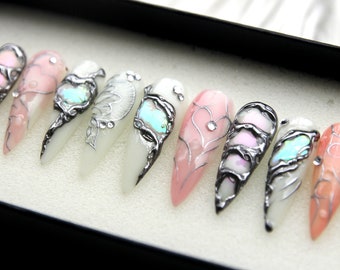 Aurora Sky Press On Nails | 3D gel Metallic Stiletto Nails | Goth Gothic Nails Set | Elegant Fake Nails | False Nails V179