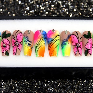 Y2K Rainbow Press On Nails: Handmade Long Coffin Floral Nail Set