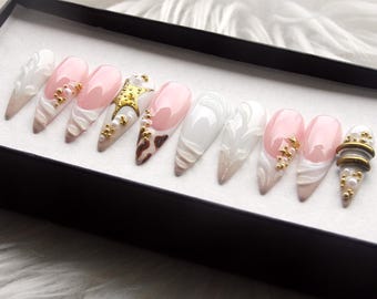 French Tip Press On Nails: Golden Star, Pastel Pink Stiletto
