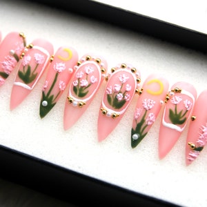 3D Flower Press On Nails: Y2K Kawaii Stiletto False Nails