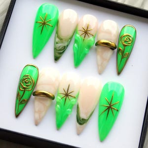 Green Neon Stars Press On Nails | Golden Flowers Nail V262