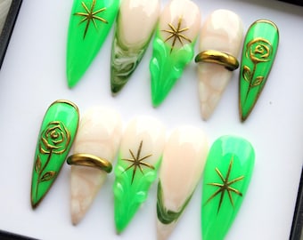 Green Neon Stars Press On Nails | Golden Flowers Nail V262