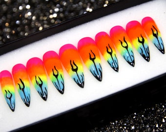 Rainbow Ombre Press On Nails: Neon Stiletto False Nails with Crystal
