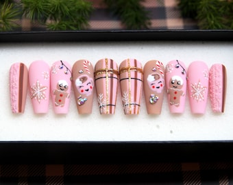 The Ginger Baby - Christmas Press On Nails | Xmas Coffin Nails Luxury | Festival Glue On Nails | Luxury Fake Nail Set | False Nail V106