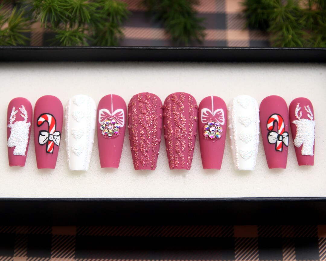 Lovely Christmas Press on Nails Pink and White Coffin Nails - Etsy