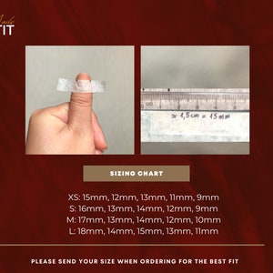 May include: Image features a sizing chart for nail sizes. Includes a hand with a measuring tape, a ruler, and size measurements in millimeters. The text reads "LE PETIT" and "PLEASE SEND YOUR SIZE WHEN ORDERING FOR THE BEST FIT."