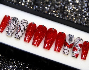 Cruella's Red Press on Nails | Valentine Nails | Glitter Nails | Fake Nails V16