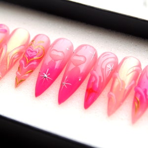 3D Heart Sweet Hot Pink Press On Nails | Elegant Ombre Nails | Fake Nails Y2K Long Stiletto Nails V175