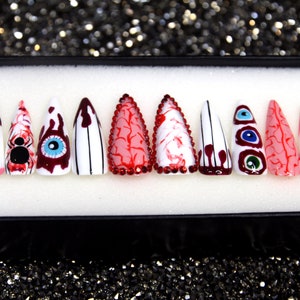 Scary Halloween Press On Nails | Glue On Nails | White Long Stiletto Nails | Festive Nails | Fun Nails | Luxury Nails V90