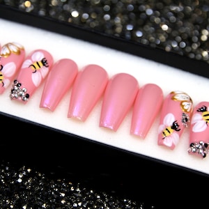 Taffy Pink Honey Minimal Nails With Crystal | Long Nails Coffin | Pastel Press on Nails | Summer Glue On Nails | Fake Nails Set V32