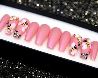 Pink Honey Bee Press On Nails: Long Coffin Crystal Nail Set