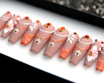 Handmade Orange Coffin Press On Nails - Luxury Rhinestone Nail Tips V133