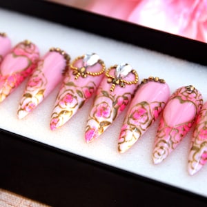 Hand-Painted Rosé Ombre Press On Nails: Long Stiletto Kawaii Nails