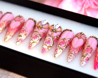 Rosé Ombre Press On Nails | Hand Painted Kawaii Nails | Long Stiletto Nails | Festive Nails | Fun Nails  | Pink Nails V115