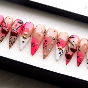 Cherry Ombre Press On Nails | Hot Pink Colour Long Nails | Brown and Pink Stiletto Nails | Long Nails | Glue On Nails V188
