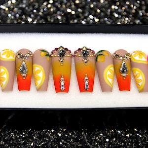 Tropical Tequila Press On Nails | Summer Coffin Nails | Gel X Fake Nails | Abstract False Nails | Y2K Glue On Nails V81