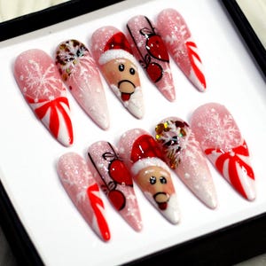 Christmas Gift Reindeer Press On Nails | Pink Nails Elegant Xmas | Long Glue On Nails | Glitter Nails | Trendy Festive Nail Set V218
