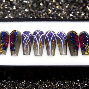 Stary Butterfly Press On Nails | Glue On Nails | Crystal Long Stiletto Nails | Festive 3D Nails | Fun Nails | Goth Nails V69