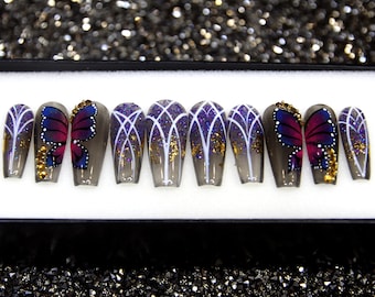 Butterfly Crystal Stiletto Press On Nails: Festive 3D Nail Art