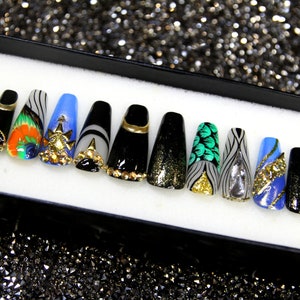 Goth Glitter Press On Nails | Crystal Mystique Long Stiletto Alt Fashion V13