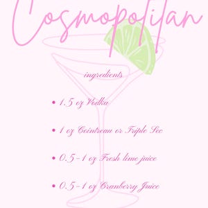 May include: A pink and white graphic featuring a Cosmopolitan cocktail recipe. The word "Cosmopolitan" is written in cursive above a cocktail glass outline. Ingredients include vodka, Cointreau, lime juice, and cranberry juice, garnished with a lime wedge.