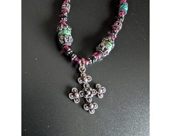Bohemian Beaded Necklace Turquoise Red Cross Pendant Toggle Clasp