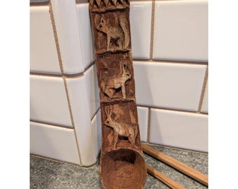 3 Hand Carved Primitive Wooden Spoon with Animal Motif Unique Folk Art Kitchen