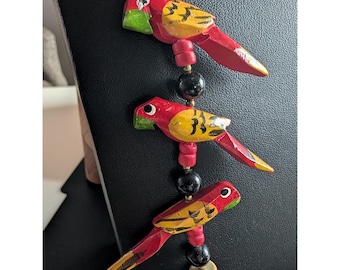 Handmade Wooden Parrot Beaded Necklace Colorful Boho Statement Jewelry Vintage