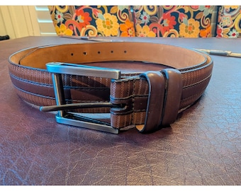 Tulliani Mens Genuine Leather Belt Brown Silver Buckle Size 46 Textured Design