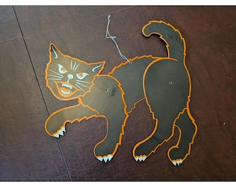 1950s Vintage Black Cat Halloween Decoration Orange Trim Spooky Yard Art Japan