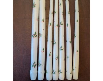 Set of 7 White Holly Berry Taper Candles Christmas Holiday Decor Vintage