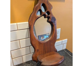 Vintage Hand Carved Live Edge Wood Wall Mirror with Integrated Display Shelf