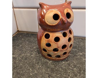 Vintage Vandor 1969 Ceramic Owl Figurine Candle Holder Brown Glaze MCM 5" Japan