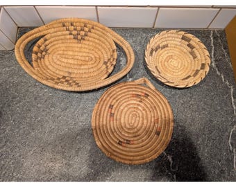 Set of 3 Woven Baskets Round Oval Tray with Handles Native American Vintage